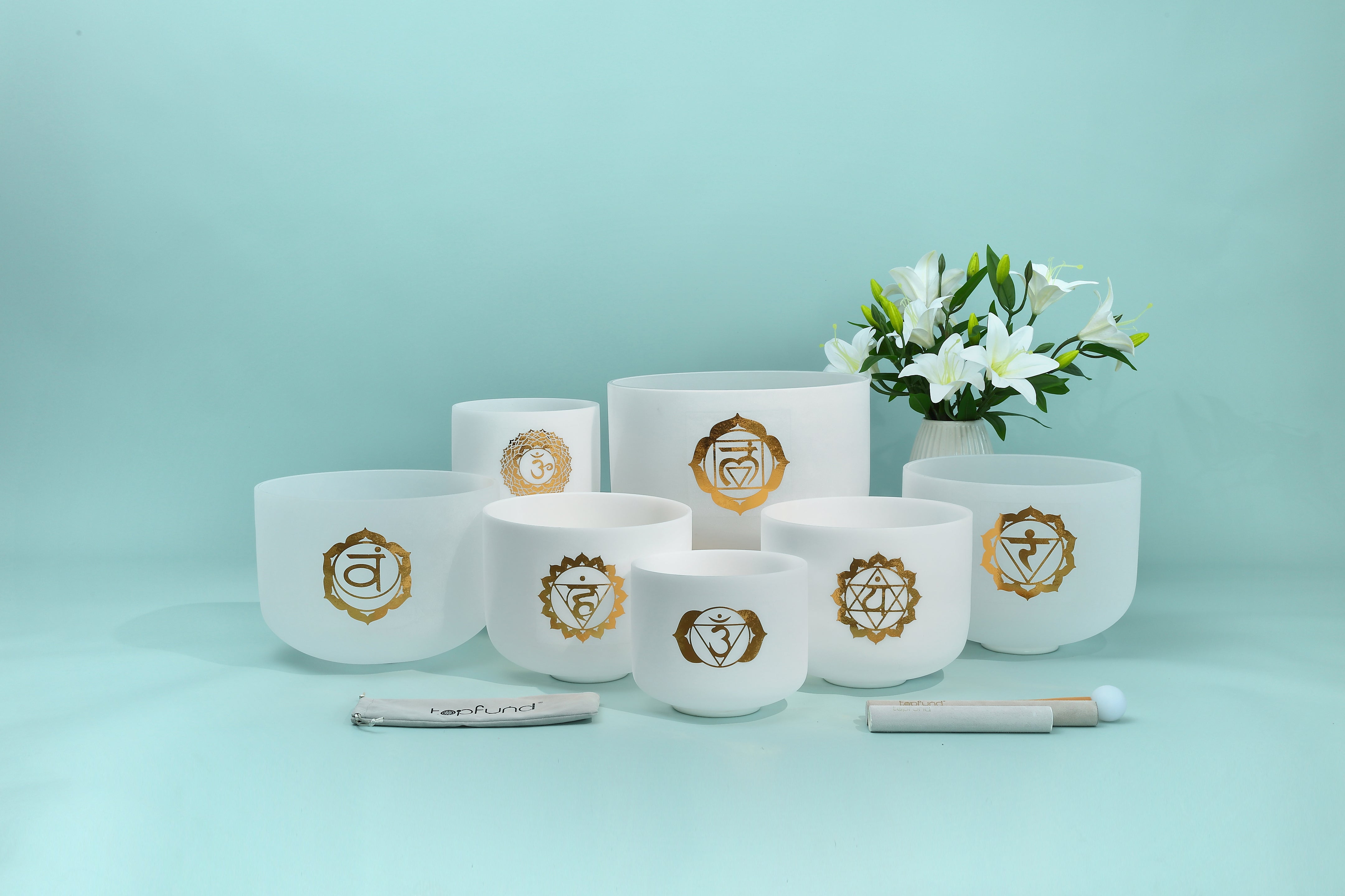 TOPFUND 432Hz Gold Patterns Chakra Set of 7 Crystal Singing Bowls 6-12 inch - TOPFUND Crystal Singing Bowl